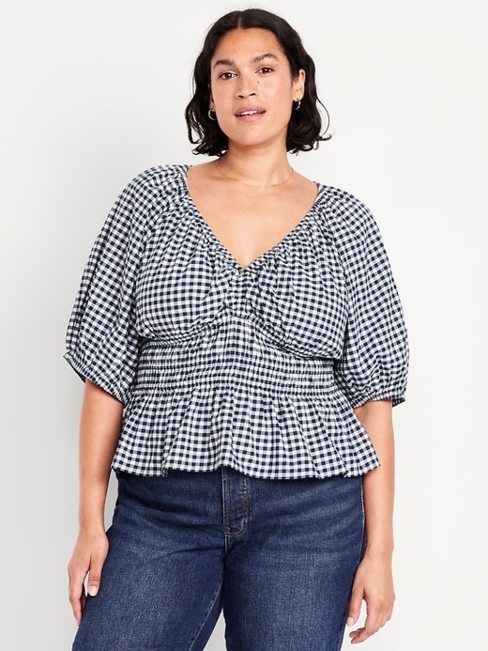 Old Navy Gingham Smocked Peasant Blouse Top Plaid 2X Blue White Picnic